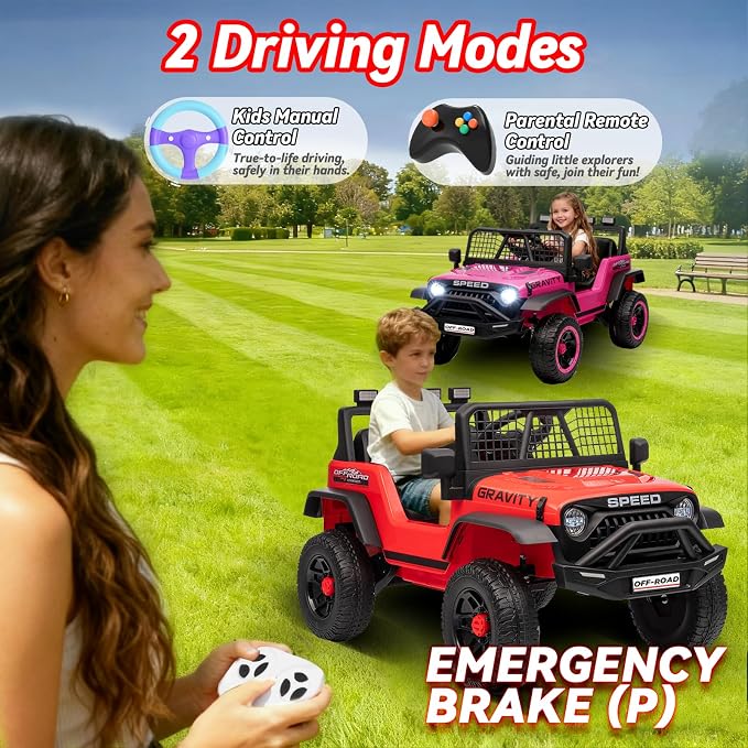 24V Ride on Toys w/Remote Control, 4WD Kids Ride on Truck Car, 3 Speed, Bluetooth Music, Wide Seat, Spring Suspension, LED Light, Birthday for Boys Girls Toddler (Black+Red)
