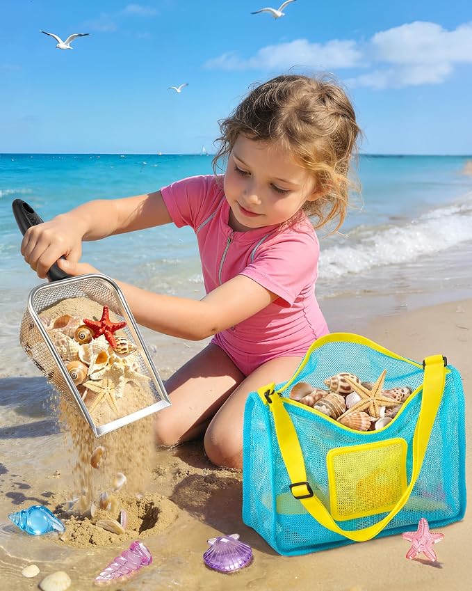 DISHIO Beach Toys for Kids, 24 Pcs Metal Sand Sifter & Collapsible Beach Buckets Set, Stainless Steel Sand Shovel, Sandcastle Building Kit with Mesh Bag, Travel Sand Toys for Toddlers Age 3-10