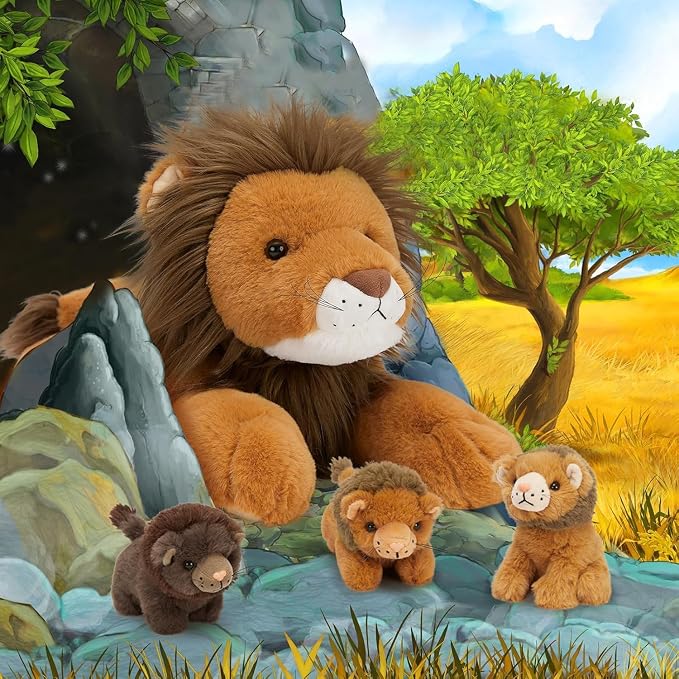 MaoGoLan 4Pcs Lion Stuffed Animal with Babies, 19.6'' Stuffed Lion Plush Toy, Cute Lion Family Set, Soft Snuggly Pillow Plushie Decor, Charming Christmas Birthday Gifts for Kids Boys Girls