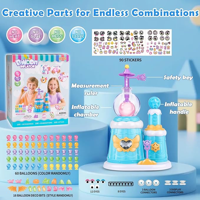 BTEC 195PCS Princess Blue DIY Balloon Animals Craft Kit with Pump, DIY Sticky Balloon Maker Toy with Bouncy Balloons & 3D Stickers & Accessories, Christmas Birthday Gifts for Kids Boys Girls Ages 3+