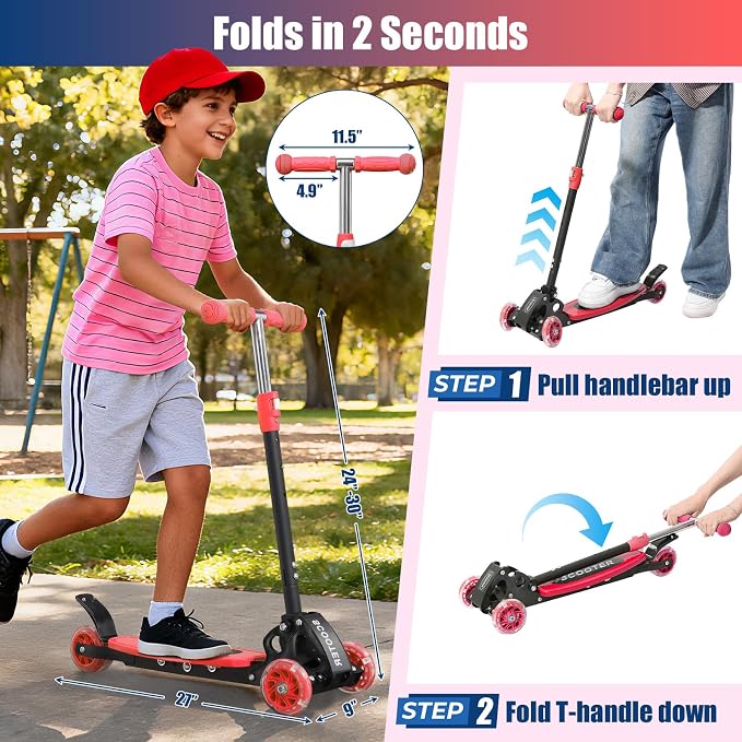 3 Wheel Scooter for Kids Ages 3-12, LED Light-Up Kids Kick Scooter–Portable Foldable, Adjustable Height, Durable Metal Construction, 6" Extra Wide Deck for Outdoor Activities,Child Safety Certified