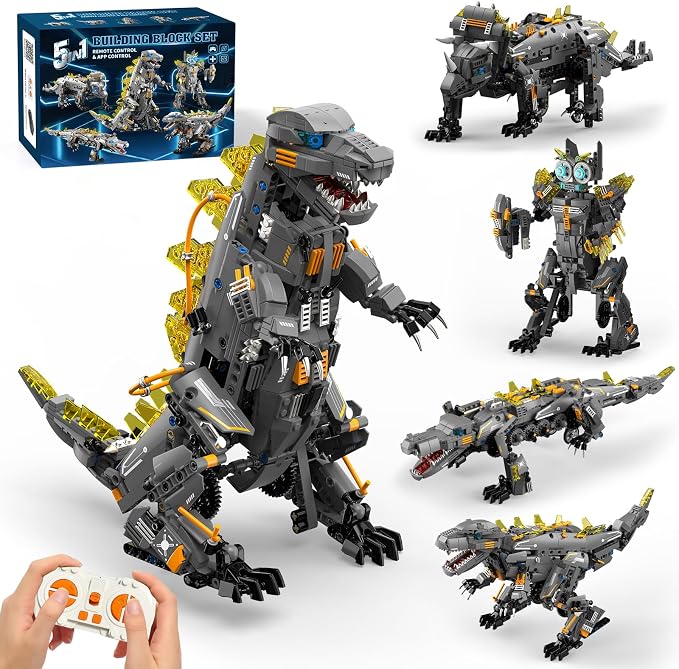 ADUSRIZ Dinasour Toys for Kids Building Set, 935 PCS App & Remote Control Robotics Kit, 5-in-1 Tyrannosaurus/Triceratop/Crocodile/Robot/Monster STEM Toys for Boys Girls Age 6 7 8 9 10 11 12+ Year Old