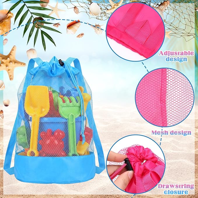 8 Pcs Beach Toys Bags Summer Mesh Seashell Collecting Bag with Handles Pool Party Gift Pouch for Market Grocery(Bright,Backpack)