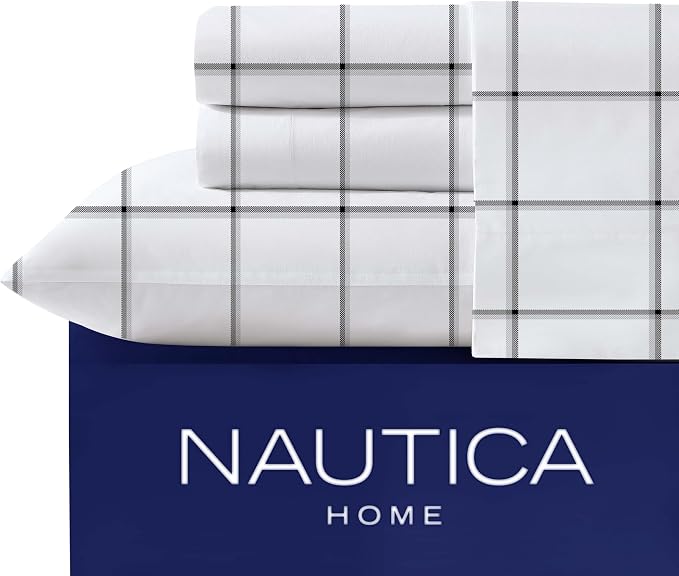 Nautica- Full Size Sheet Set, Crisp & Tailored Cooling Sheets with a Smooth Cotton Percale Lightweight Feel - Bed Sheets with Matching Pillowcases & Fitted Sheet (Plot Black)