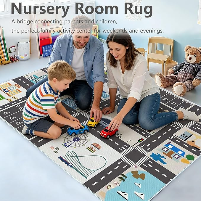 Car Rug Play Mat Road Rug,Kids Carpet Playmat Rugs City Life Great for Playing with Cars and Toys,Children Educational Race Track Rugs with Non-Slip Rubber Backing for Playroom Bedroom Classroom