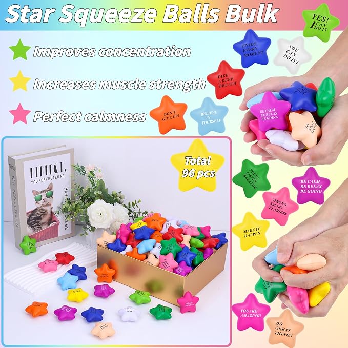 96 Pieces Star Motivational Stress Balls 2 Inch Inspirational Stress Relief Ball Bulk Hand Exercise Balls Encouraging Blue Foam Balls Anxiety Small Balls with Quotes for Kids Adults Teens, 12 Styles