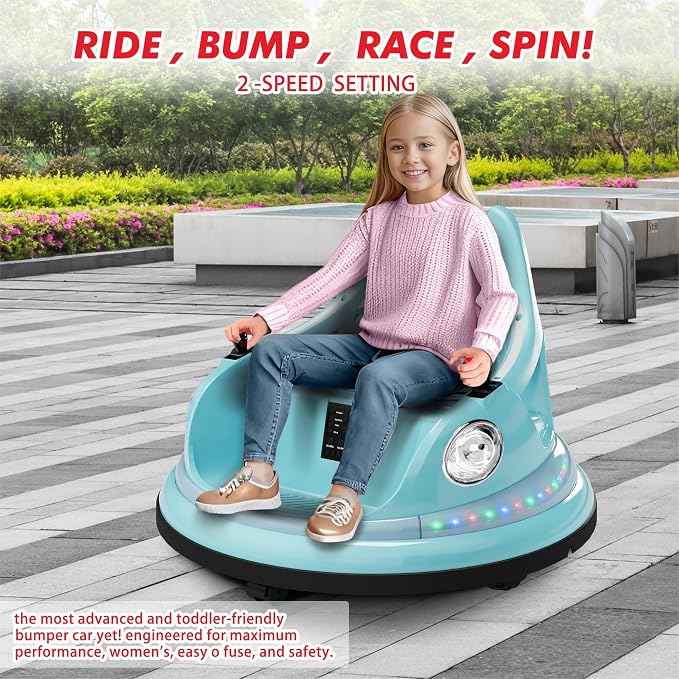 Bumper Car for Kids, 12V Ride on Bumper Car for Toddler with Remote Control, 2-Speed, 2 Driving Modes, 360°Spin, Anti-Collision Padding, Lights, Music, Electric Bumping Car for Children 1.5-6, Blue