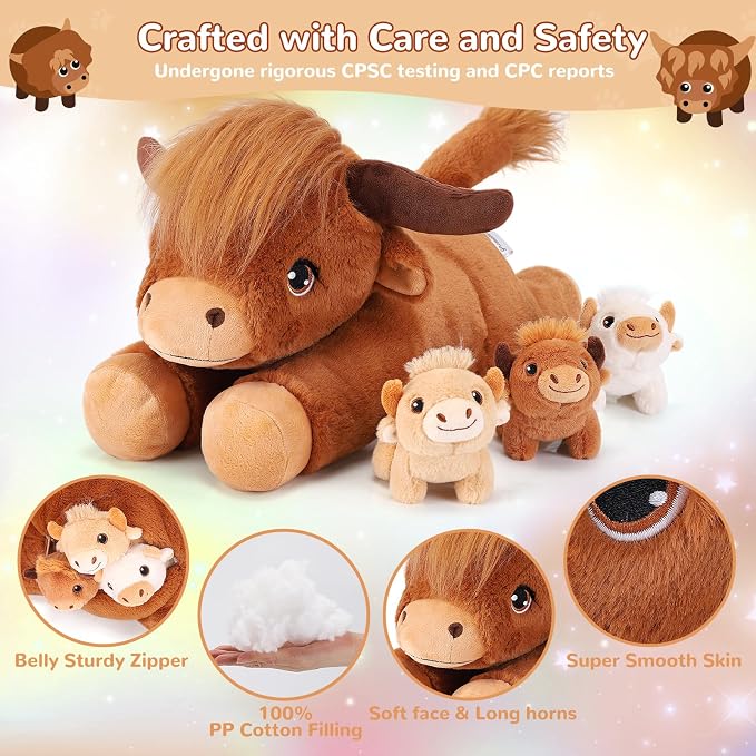 gnomantic Highland Cow Stuffed Animals with Babies, Mommy Toy for Kids | 5-Piece set: 1 mommy highland cow + 3 surprise babies inside. Unzip belly to reveal babies. Ultra-soft, safe for ages 3-8.