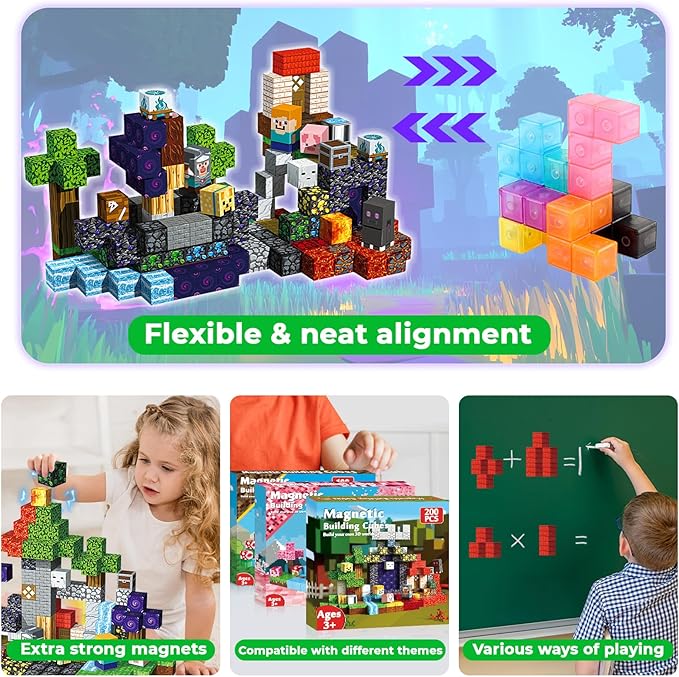200PCS Magnetic Blocks - Magnetic Building Blocks Cubes for Kids Ages 4 5 6 7 8, Magnet Toys, STEM Learning Sensory Toys, Stacking Magnets, Birthday Gifts for Boys & Girls Ages 3+