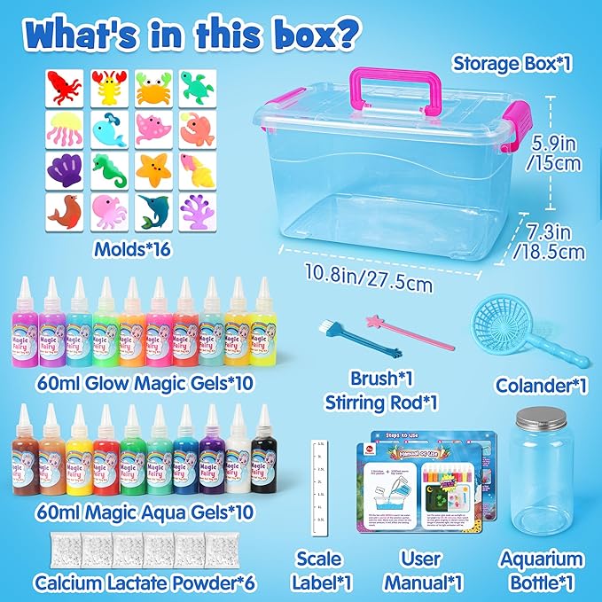 Mocoosy Magic Water Elf Toy Kit for Kids, Glow in the Dark Aqua Fairy Water Gel Kit with 20 Gel & 16 Molds, Make Your Own Squishies, Squishy Maker Set Water Pets DIY STEM Craft Kit Gift for Boys Girls