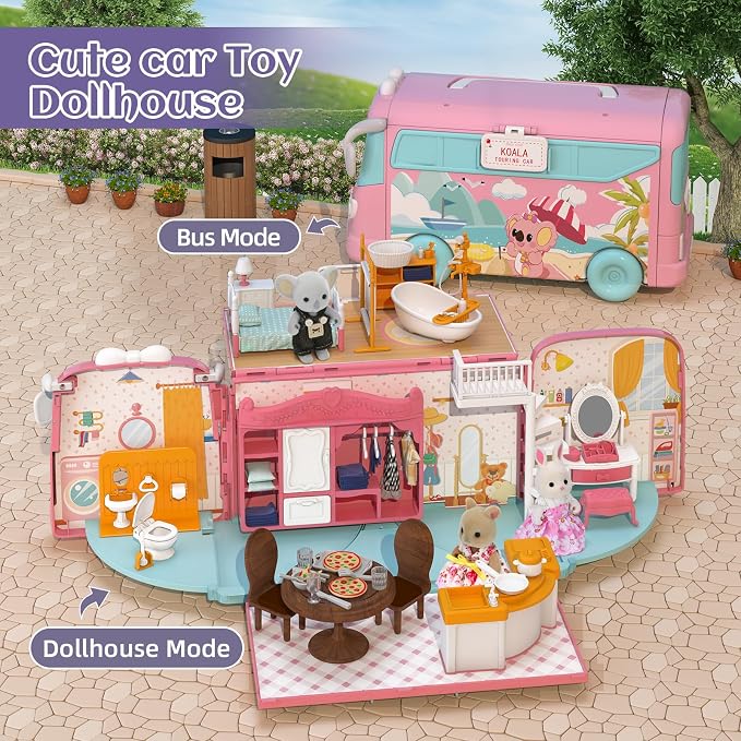 Dollhouse Playset, DIY Pretend Portable Caravan Camper Bus Toy Kit with Little Critters Bunny Dolls Mini Cottage House Set Camping Family Toys for Toddler 3 4 5 6 Year Old Girl