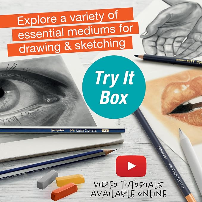 Faber-Castell Try It Box: Monochrome, 27 Piece Drawing Art Kit featuring Colored Pencils, Graphite, and Charcoal Pencils, Professional Art Supplies for Adults, Teens, and Beginners