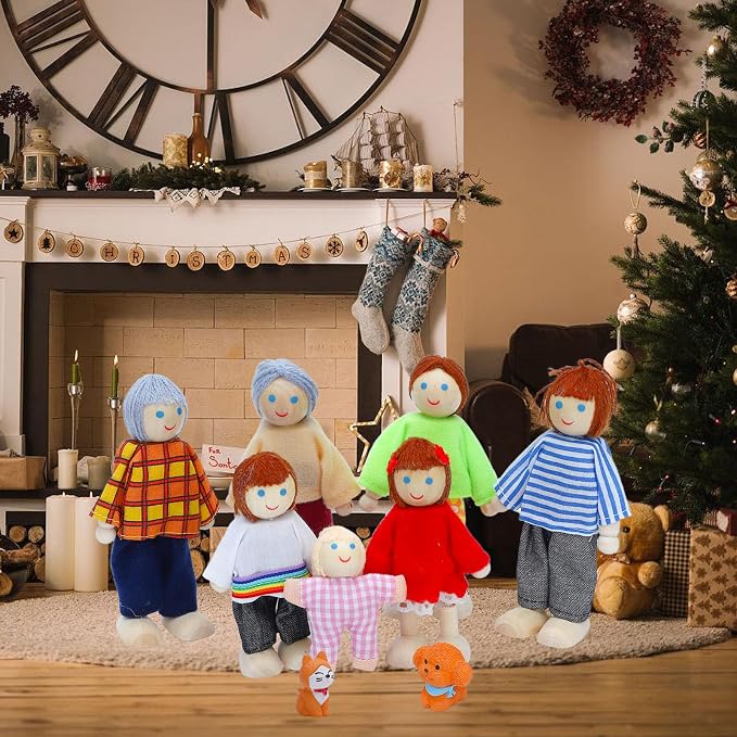 ONEST 17 Pieces Wooden Dollhouse Family Set Mini People Figures Dog Cat Sets Dollhouse Dolls Wooden Doll Family Pretend Play Figures Accessories for Pretend Doll House