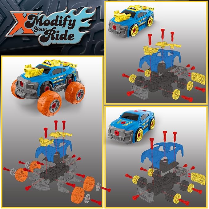 Pup Go 3-in-1 Construction Car for Boys Ages 3+ Years Old, Take Apart Car with Electric Drill, 46 Pcs Cars Building Kit, Build Your Own Toy Cars with Tools, Ideal STEM Present for Kids Children(Blue)