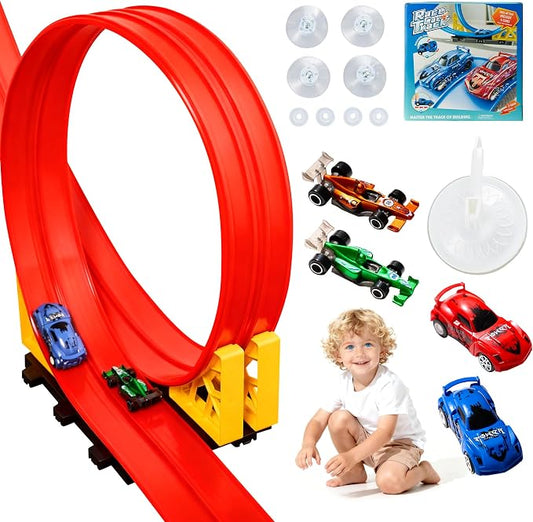 MINDNOOK 16 Ft Flexible Race Car Track Set for Kids, Portable Roll-Up Racetrack with 4 Cars & Suction Cups, Compatible with 1:64 Diecast Toy Cars, Gift for Boys & Girls Ages 3+