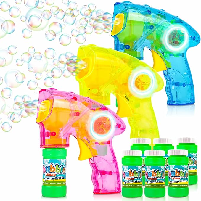 ArtCreativity 3 Pack Friction Powered Light Up Bubble Blaster Guns, Includes LED Bubbles Guns and 6 Bottles Fluid, Outdoor, Indoor Fun Gift Idea, Summer Party Favors (No Batteries Needed)
