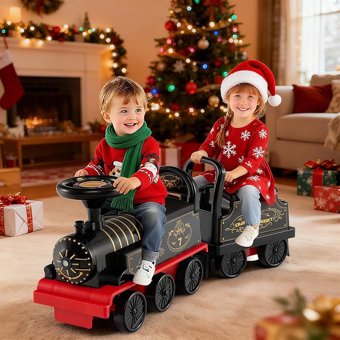 Costzon 2-Seater Ride on Train with Carriage, 6V Ride on Toy w/Under-Seat Storage, Footrests, Train Whistle, Music & Colorful Flashing LED Lights, Electric Car for Kids Aged 18+ (2 Seaters, Black)