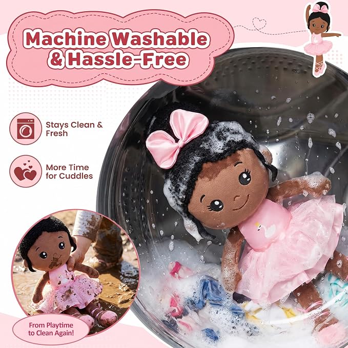 OUOZZZ 12.6" Black Soft Baby Dolls Toys for 1 Year Old Girl Gifts, African American Dolls Birthday Gifts for 1 Year Old Girl Ballerina Doll Plush Toys for Toddler
