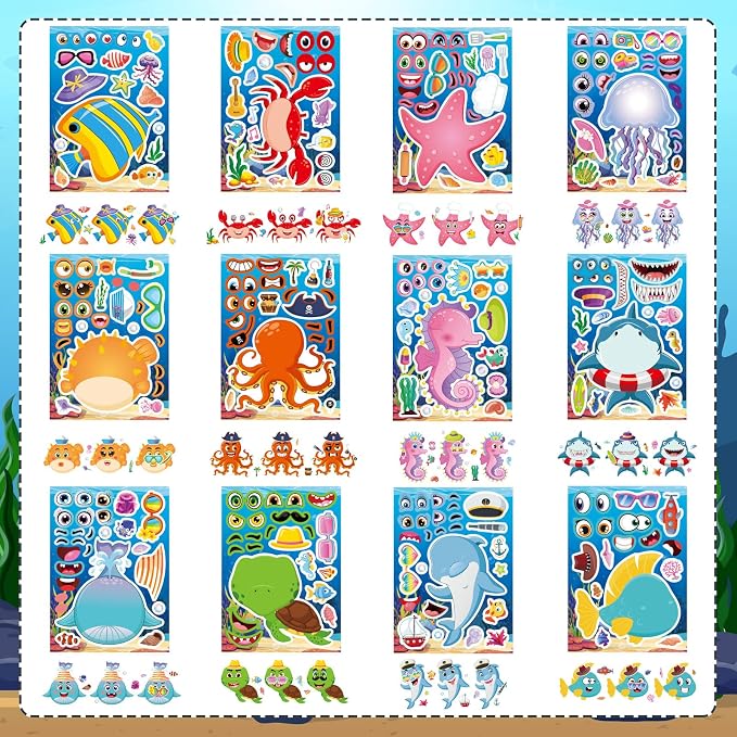 24 Sheets Ocean Stickers for Kids, Make Your Own Ocean Animals Stickers for Kids, Toddlers Classroom Art Crafts, Summer Birthday Party Favors