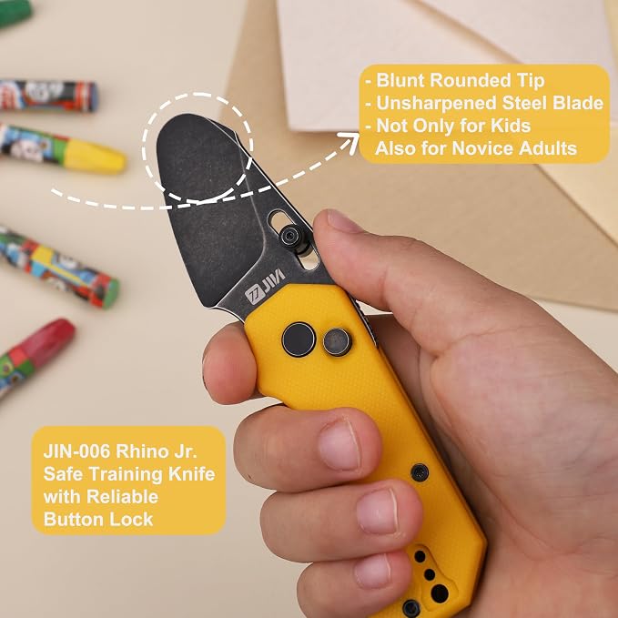JIN Rhino Jr. Kids Pocket Knife, DIY Knife Kit, Fidget Toy Knives, 1.97” Unsharpened Steel Blade, Rounded Tip, Button Lock Folding EDC, Yellow G10 Handle