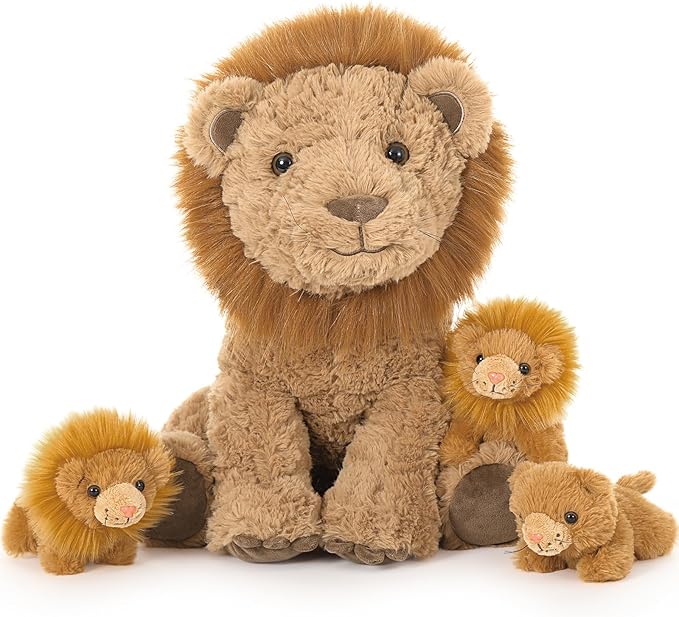 Lion Plush Toy, 17.7" Mother Lion Stuffed Animal with 3 Cute Baby Lions, 4Pcs Wild Animal Stuffed Toy for Kids Boys Girls, Safari Animal Plushies Gift for Christmas Birthday, Brown