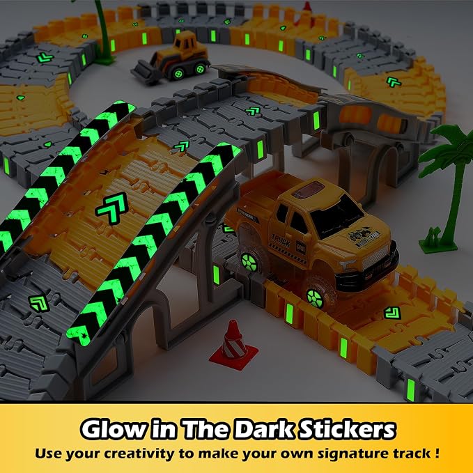 264 PCS Construction Race Tracks for Kids Toys, Glow in The Dark Magic Toy Set, 2 Light Up Cars Track, 3 Construction Cars, Flexible DIY Track Set, Birthday Gift for Age 3-9 Boys Toddler Girls