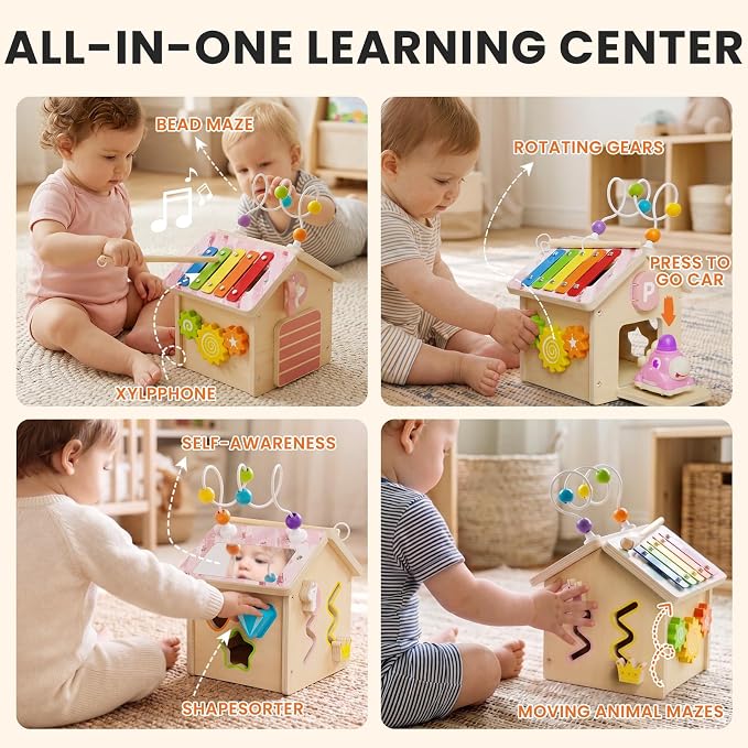 9-in-1 Wooden Activity Cube, Montessori Baby Activity Center Toys for 1+ Year Old Boys & Girls, Unicorn Theme Baby Cube with Car Toys & Shape Sorter, Educational Toy for Toddlers, Ideal Baby Gift