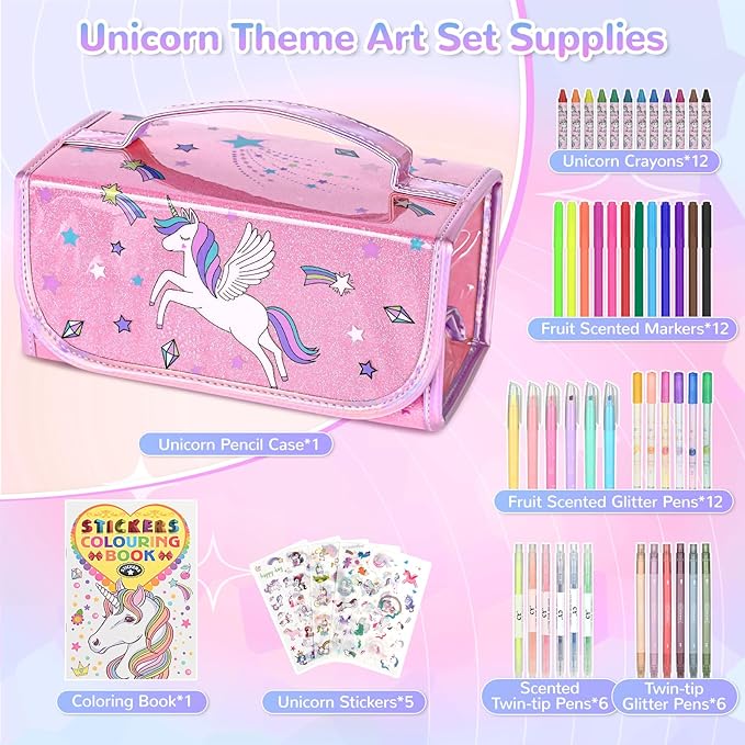 nasominako Washable Scented Markers Set for Kids - Unicorn Coloring Art Supplies Set for Kids Ages 4-8 Birthday Gifts for 4-8 Year Old girls Unicorn Pencil Case 54 PCS