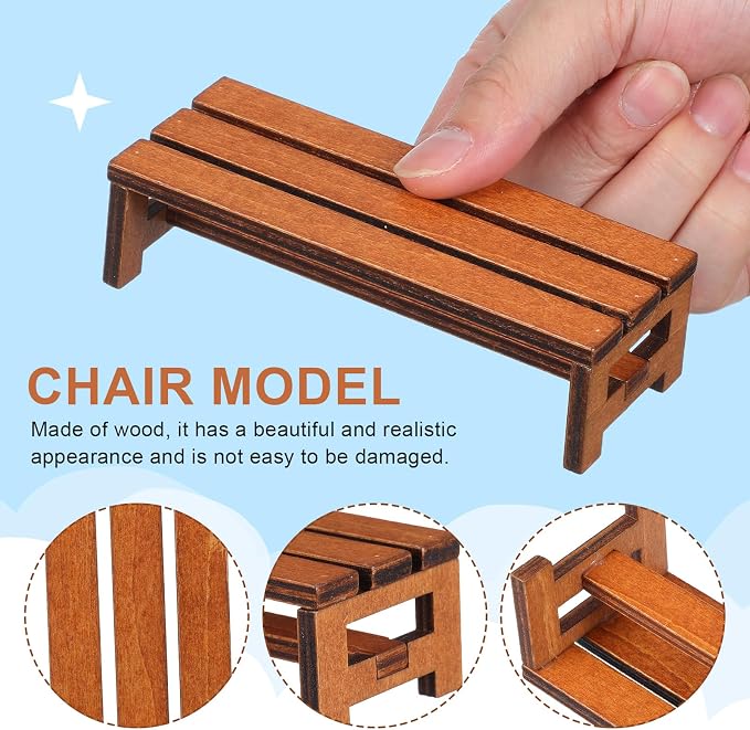 Uonlytech 2Pcs Wooden Mini House Bench Miniature Furniture for Dollhouse Decorative Miniature Bench Model for Bedroom and Dining Accessories