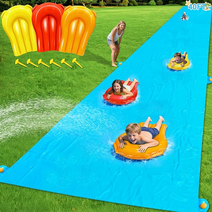 40 FT X 7FT Extra Long n Width Slip Water Slide, Heavy Duty Lawn Water Slides and 3 Bodyboards 6 Stakes, Summer Outdoor Water Toys for Kids Teens and Adults Backyard Beach Swimming Pool Party