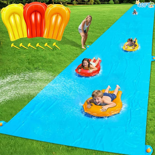 40 FT X 7FT Extra Long n Width Slip Water Slide, Heavy Duty Lawn Water Slides and 3 Bodyboards 6 Stakes, Summer Outdoor Water Toys for Kids Teens and Adults Backyard Beach Swimming Pool Party