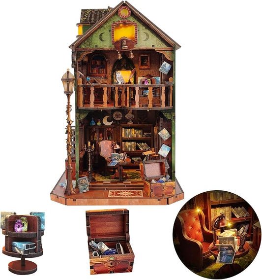 DIY Miniature House Kit, Mini Dollhouse Kit with LED for Beginners Adults, Book Nook Model Building Craft Diorama Kits Ideal Christmas Birthday (Owl Library)