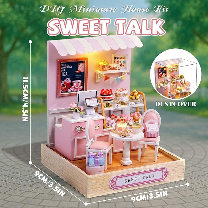Kisoy Dollhouse Miniature with Furniture Kit, DIY 3D Wooden DIY House Kit with Dust Cover,Handmade Tiny House Toys for Teens Adults Gift(Sweet Talk)