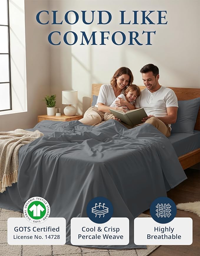 LANE LINEN Queen Bed Sheet Set 100% Organic Cotton Cooling Soft - Charcoal | Queen Sheets In GOTS Certified Organic Cotton Percale - All-Season Comfort, For Master Bedrooms, Crisp Hotel-Style Feel