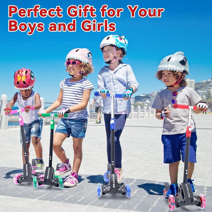 Scooter for Kids Ages 3-5, LED Light Up 3 Wheel Toddler Scooter with 4 Adjustable Heights, Lean-to-Steer Wheels, Safe Metal Brake, Foldable Kick Scooter for Boys Girls, Support 120 lbs, Birthday Gift