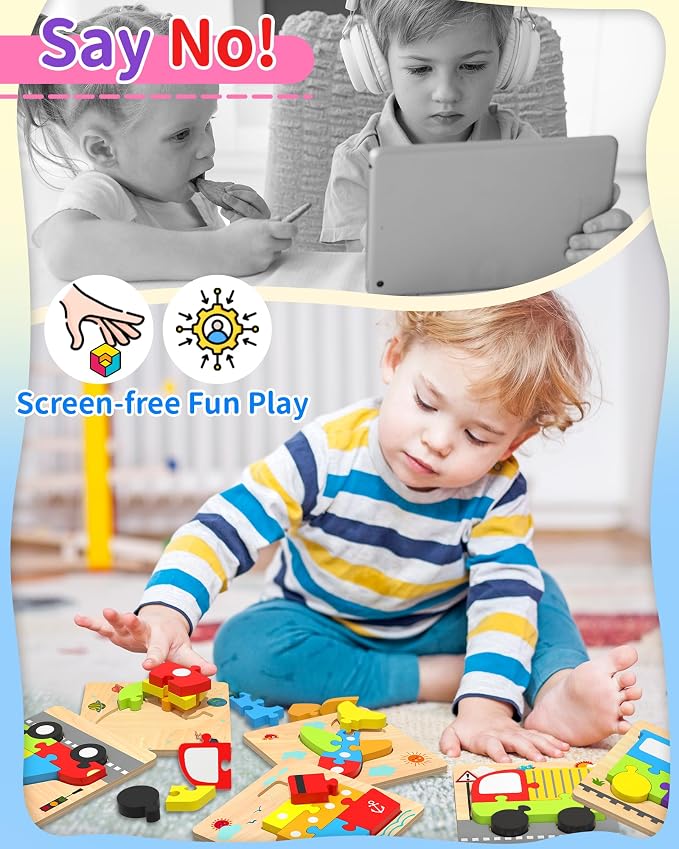 Wooden Puzzles Toddler Toys for 1 2 3 Years Old Boys Girls, 6 Vehicle Shape Learning Educational Blocks Birthday Gifts Sensory Toy Montessori Toys Age 1-3, 2-4