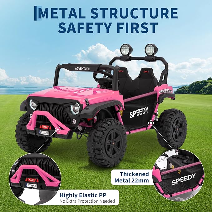 Powerful 24V Ride on Car for Kids, Ride on Truck with Remote Control - 4WD Electric Car, 2 Seater UTV, Spring Suspension, Front & Behind LED Lights, Dual Storage, 3 Speeds, Music,