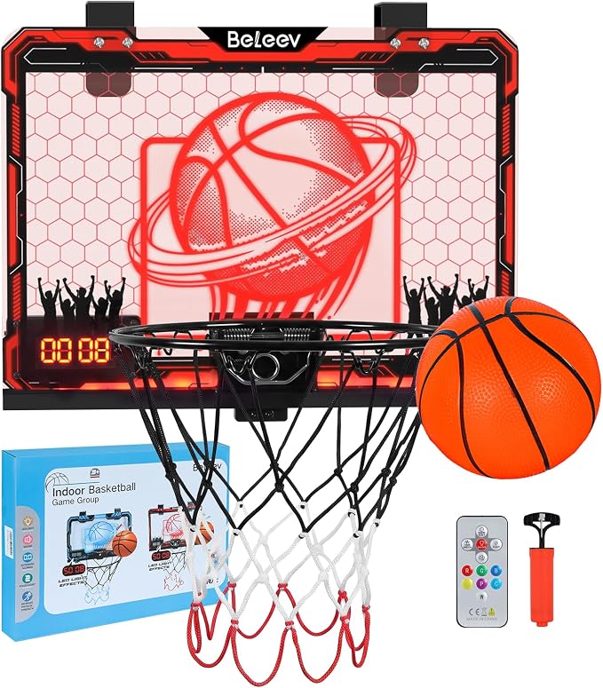 BELEEV Indoor Mini Basketball Hoop with LED Lights, Electronic Scoreboard & Sounds, Over The Door Basketball Hoop for Kids, Ball & Pump Included, Indoor Sports Toy Gift for Boys Girls Ages 4-12 (Red)