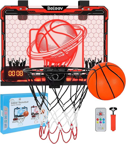 BELEEV Indoor Mini Basketball Hoop with LED Lights, Electronic Scoreboard & Sounds, Over The Door Basketball Hoop for Kids, Ball & Pump Included, Indoor Sports Toy Gift for Boys Girls Ages 4-12 (Red)