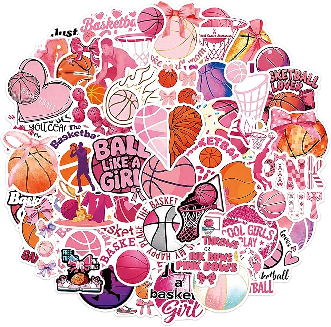 QTL Pink Basketball Stickers for Girls Teens, Basketball Party Supplies, Waterproof Vinyl Stickers for Water Bottles and Laptop, 50PCS