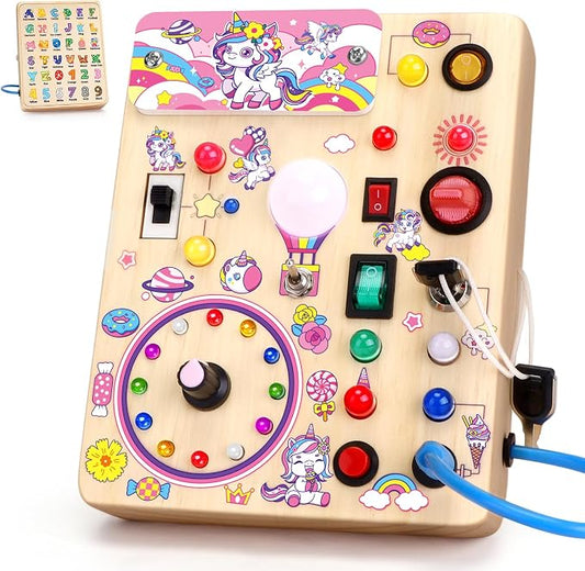 Konijiwa Busy Board - Montessori Toys for 1-3 Years Old Boys & Girls | Sensory Toys for Kids with Autism | Toddlers Learning Activity for Early Development (Unicorn Busy Board v2)