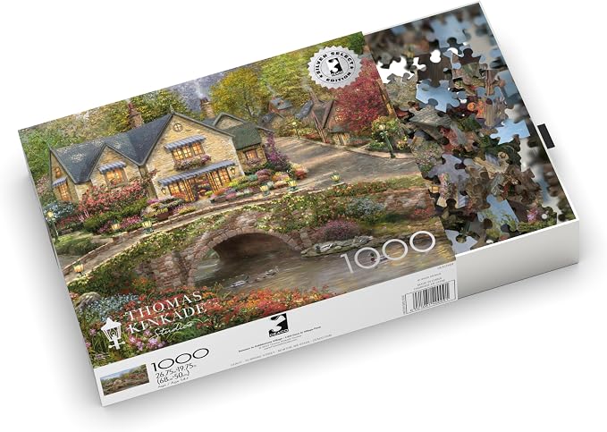 Buffalo Games Thomas Kinkade Summer in Cobblestone Village 1000 Piece Puzzle – Silver Select Premium Jigsaw Puzzle with Foil Accents & Reference Poster
