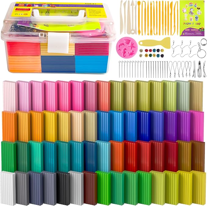 Cyajm 60 Colors Polymer Clay Kit, Individually Wrapped Oven Bake Modeling Clay, Non-Toxic Soft Molding Clay for Kids, DIY Craft Supplies for Jewelry & Classroom