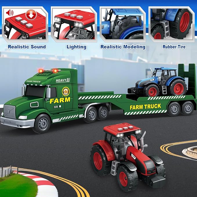 Bstoyder Toddler Boy Toys for 3 4 5 6 7 Years Kids, 27" Semi Flatbed Truck Toy with 2 Tractors, Friction Powered Vehicles Toys with Lights and Sounds, Birthday for Boy Girls