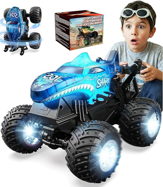 BEZGAR 1:20 Shark Monster Truck Toys, 360°Stunt RC Cars Rotation Monster Trucks with Music, 2 Batteries and Wireless LED Strobe Lights, Remote Control Car for Boys 4 5 6 7 8 9 Years Old(Blue)