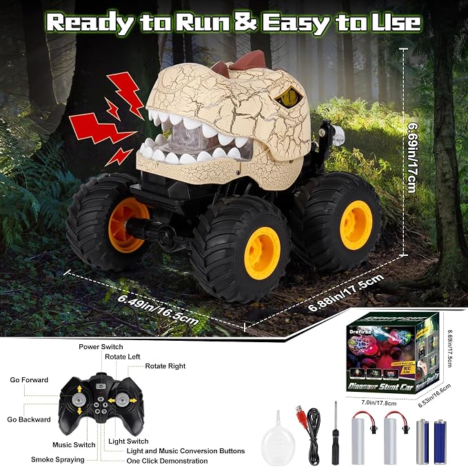 Drefirsa Dinosaur Remote Control Car for Kids Ages 3-5 6-12, Remote Control Monster Truck with Spray, Light, 360° Rolling&90° Driving, All Terrain Dinosaur Toy for Boys Birthday Gift