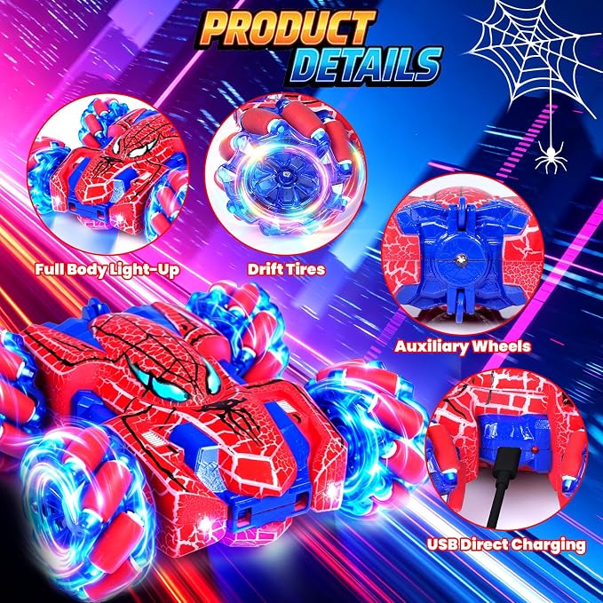 Spider Gesture Sensing Remote Control Car, 2.4GHz Hand Controlled RC Cars with full-Body Light, Double Sided 360° Rotating Rechargeable RC Stunt Car Birthday Gift Toys for Boys 4 5 6 7 8 9 10 11 12