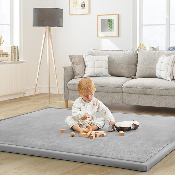 Baby Play Mat for Floor Nursery Rug Muscle Mat Area Rug Playroom Rug 65"x50" Playpen Mat Elastic Foam 1.3" Thick Crawling Mat for Babies,Toddlers, Infants, Kids,A Light Gray