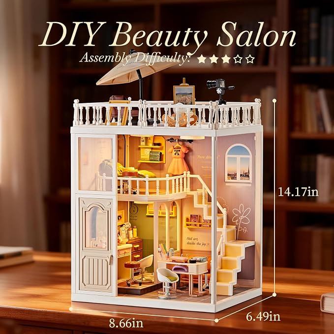 DIY Miniature House Kit Beauty Salon – 203 Piece Tiny House Dollhouse Mini Room with LED Light, Nail Art Studio & Makeup Room, Cozy Creative Craft Gift for Kids 8+ & Teens