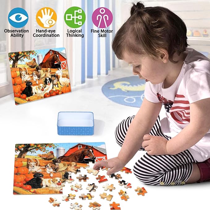 LELEMON Puzzles for Kids Ages 4-6,Pasture 100 Piece Puzzles for Kids Ages 6-8 in a Metal Box,Educational Jigsaw Puzzles,Childrens 100 Piece Puzzle Games Puzzle Toys for Girls and Boys